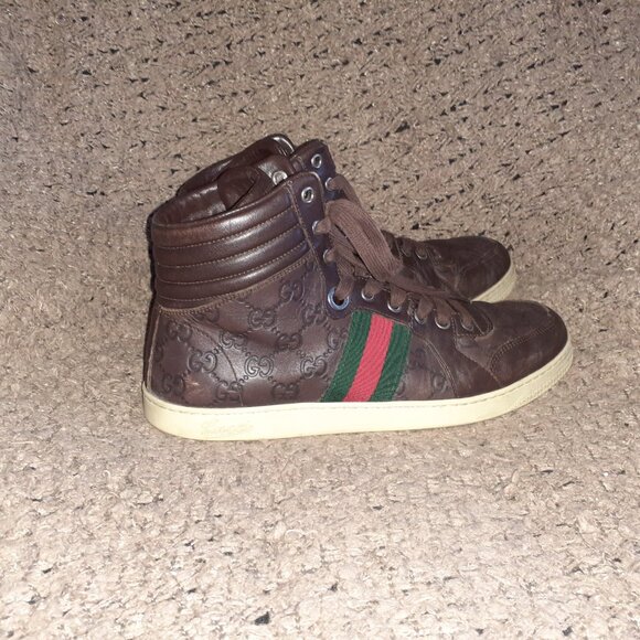 GUCCI-GG High Top 'Guccisima'-Brown Leather Hi-Top Sneakers-Sz 8.5-Excellent - Picture 5 of 11